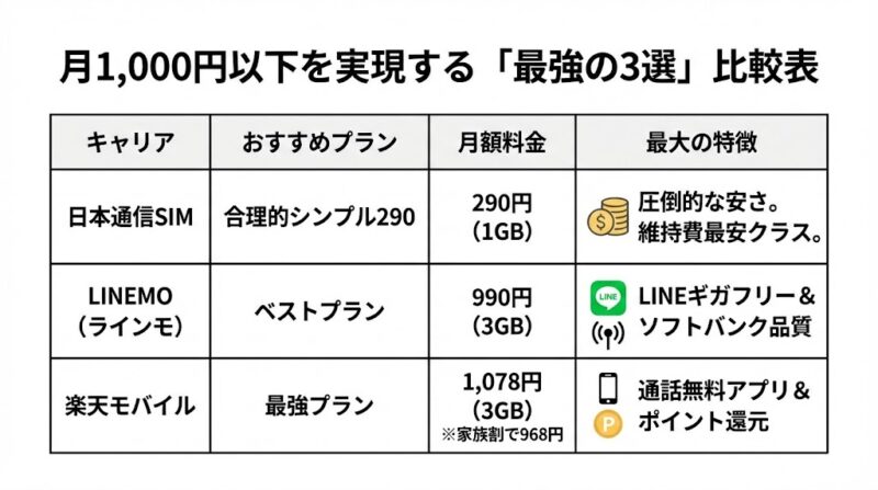 月1,000円以下を実現する「最強の3選」