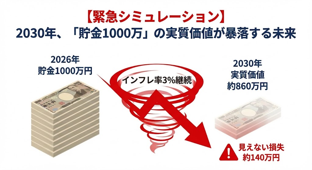 【緊急シミュレーション】2030年、インフレ率3%継続で「貯金1000万」の実質価値がいくらに暴落するか計算してみた