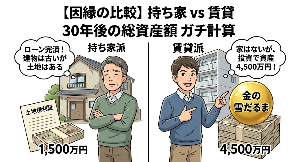 【因縁の比較】持ち家派 vs 賃貸派、30年後の総資産額を「修繕費・固定資産税・リセール」全込みでガチ計算してみた